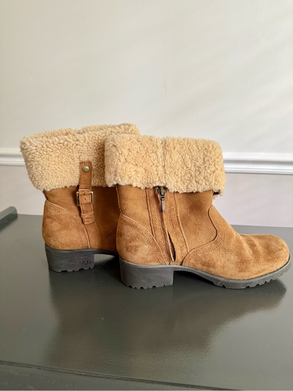 UGG Bellvue II Boots in Chestnut Suede Shearling Cuff Ankle Boots